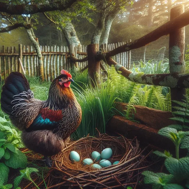 Ilustración editorial de una gallina junto a huevos verde azulados, portada de GallinasMapuches.cl